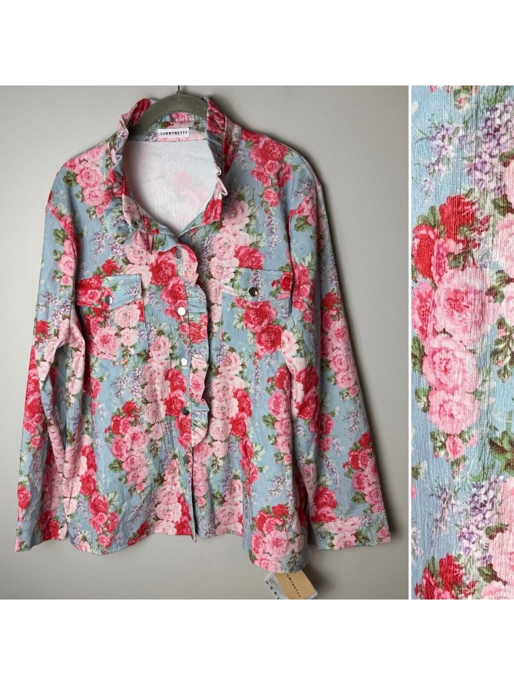 NEW CHERRYBETTY Corduroy Shirt Size XL Top Snap Front Floral Ruffles Stretch